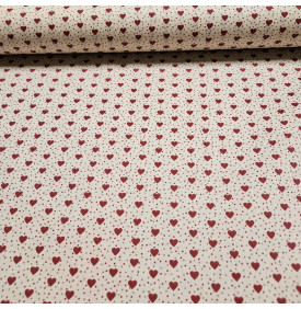 Coton Enduit "Mini Coeur"          Ivoire / Rouge - Tissus LM